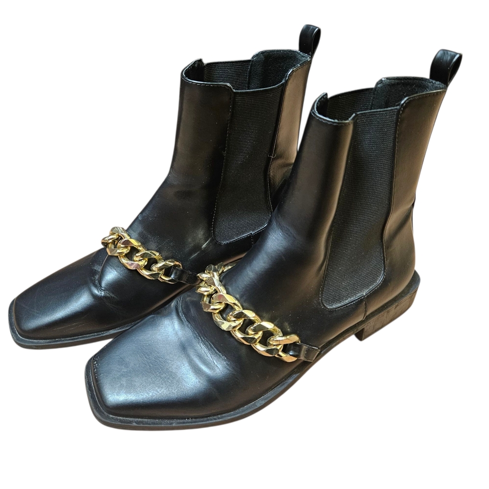 Zara Black Leather Ankle Boots with Gold Chain Size 39 Or 8.5 USA